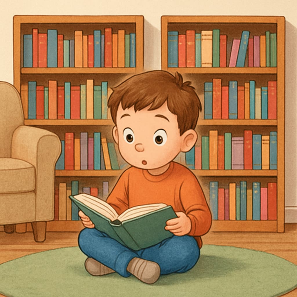 A child reading a book at home, surrounded by colorful bookshelves, highlighting free reading activities for families. Child reading a book with colorful shelves, fostering reading skills.