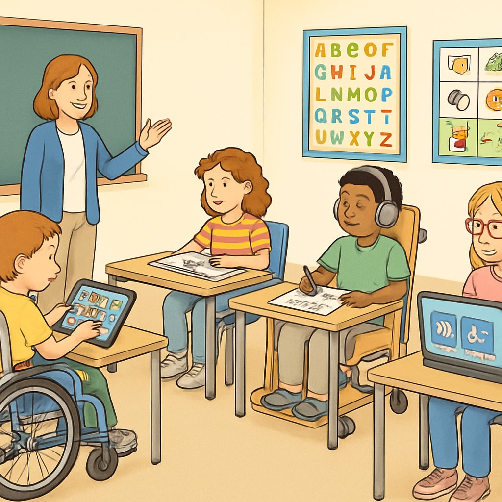 A classroom designed to accommodate special education needs, showing adaptive seating and learning tools. Classroom setup for special education needs, illustrating adaptive seating and tools for inclusive learning.