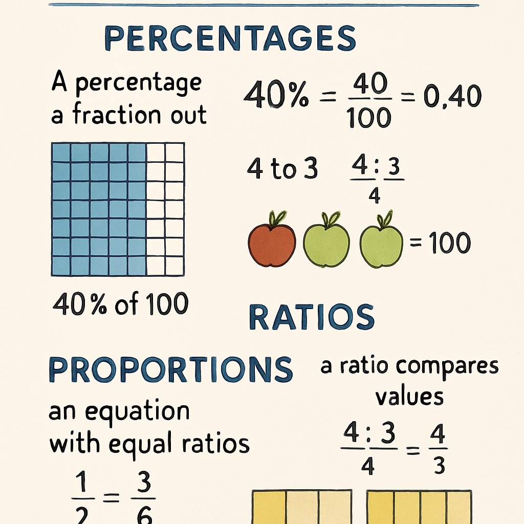 Visual representation of percentages, ratios, and proportions for math skills tests.