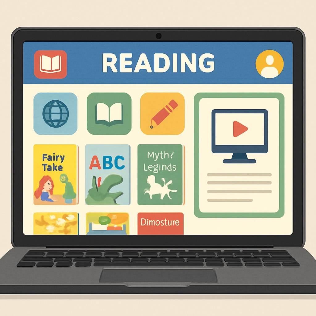 A laptop screen showing a free digital reading platform for children, emphasizing accessible online resources. Laptop displaying free reading tools for kids, supporting digital learning.