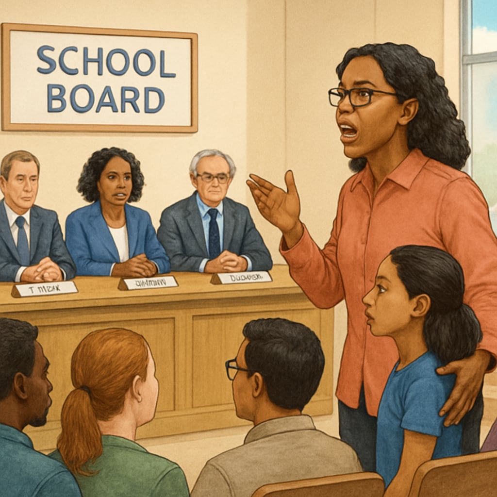 A parent advocating for their child’s right to education during a school board meeting. Parent advocating for special education rights during a meeting with school officials.