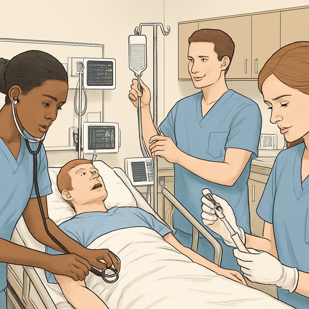 Nursing students working in a simulation lab, highlighting the academic focus of nursing programs.