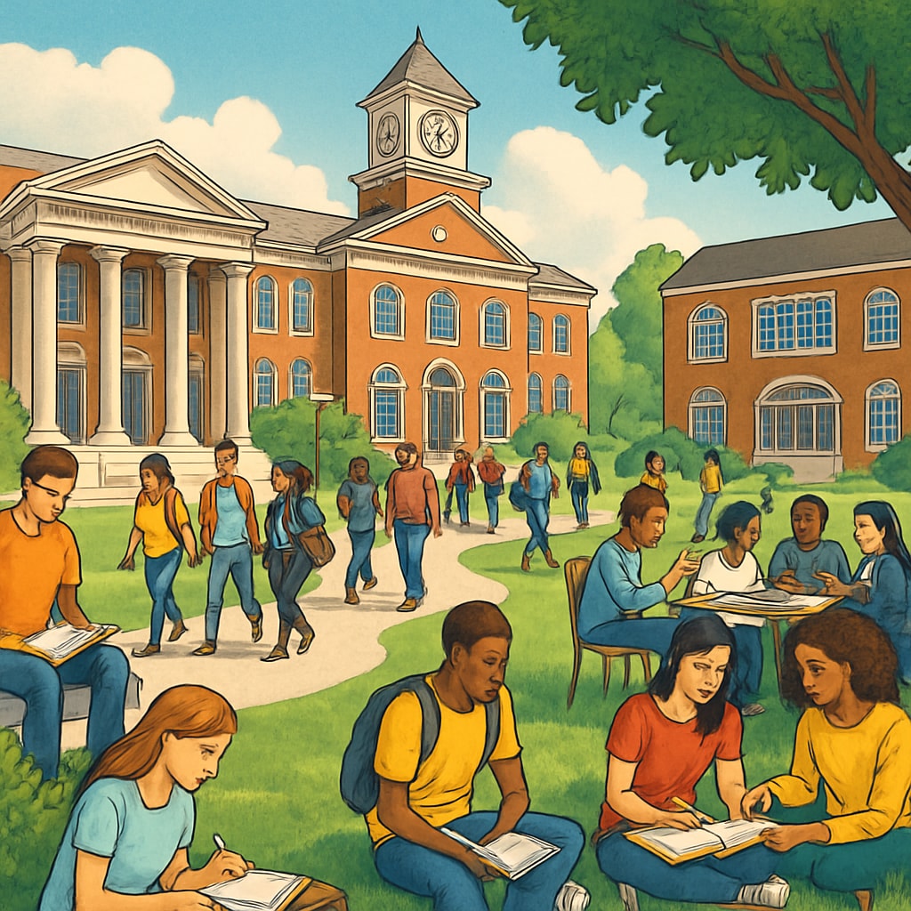 University campus with students enjoying extracurricular activities, emphasizing campus life.