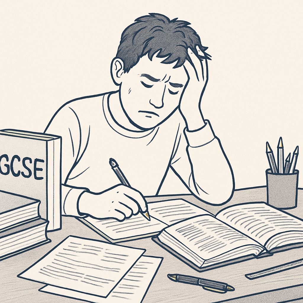 A student sitting at a desk, looking stressed while studying for exams. The image reflects the pressure students face during GCSE preparation. A stressed student preparing for GCSE exams, highlighting academic anxiety.