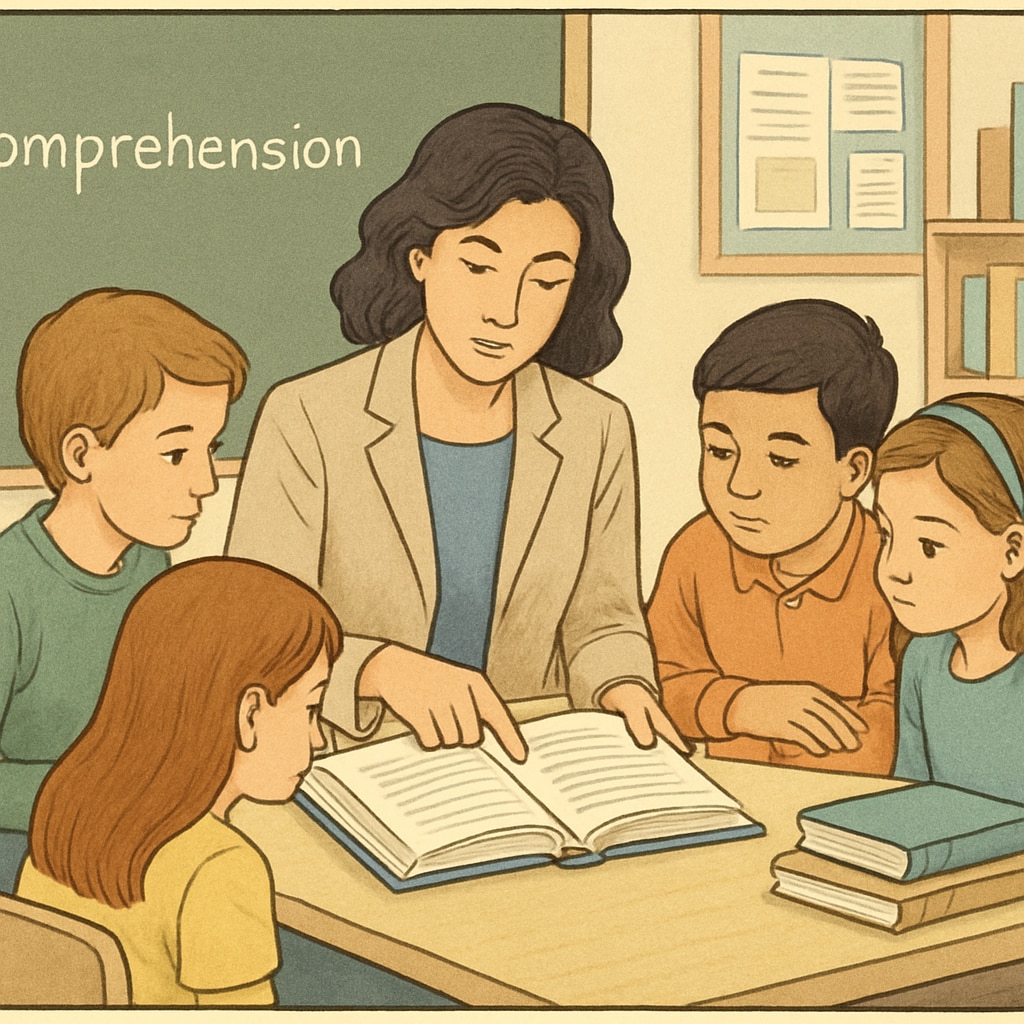 A teacher reviewing a book with students in a classroom setting, symbolizing the importance of reading comprehension research. Teacher guiding students in reading and text analysis, representing text complexity research.