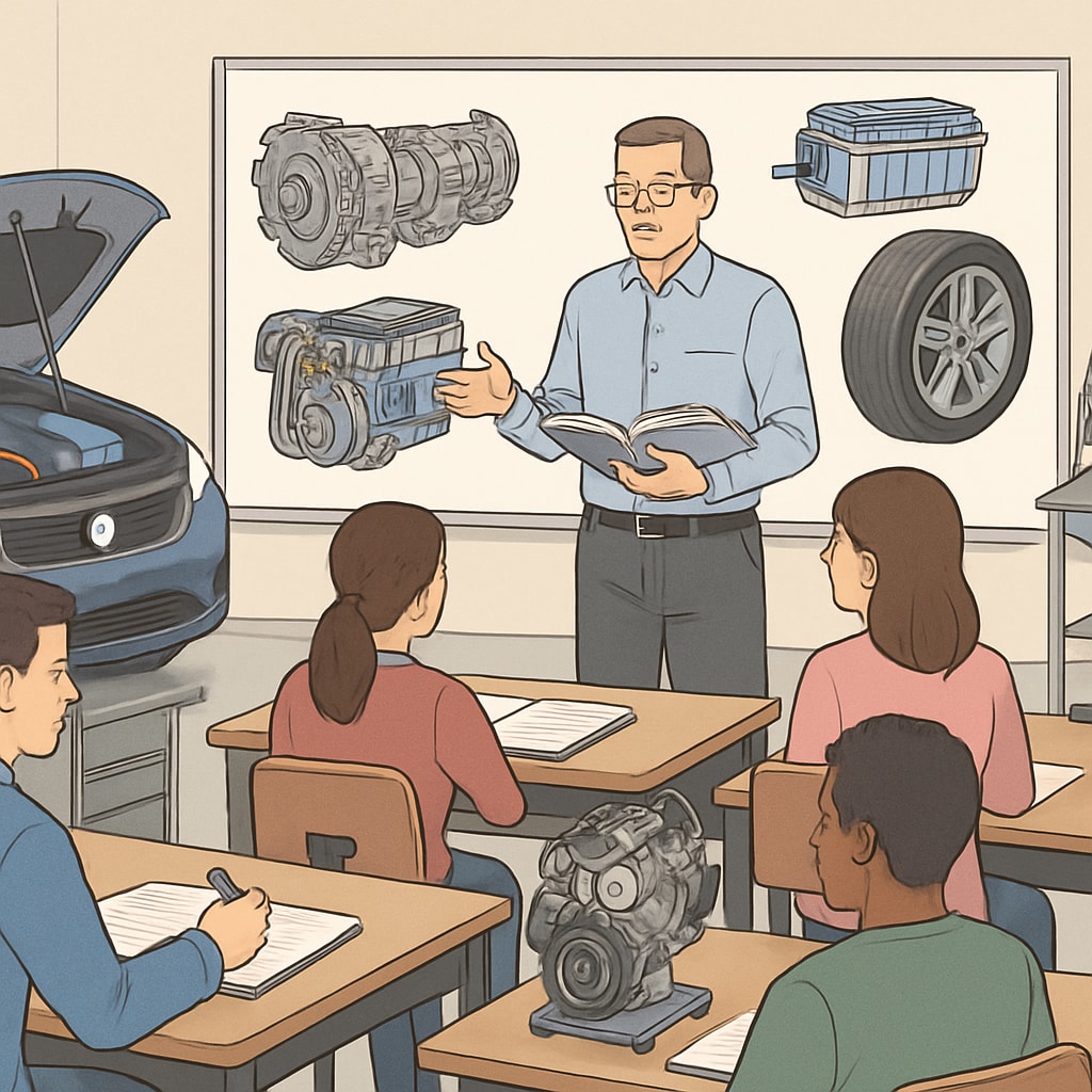 Students learning advanced automotive systems in a bachelor's degree program.