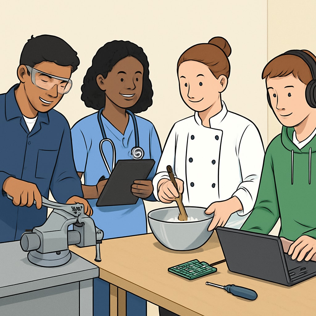 A group of students exploring vocational training options, showcasing diversity in career paths beyond GCSEs. Students discussing vocational education as an alternative to traditional academic routes, emphasizing future prospects.