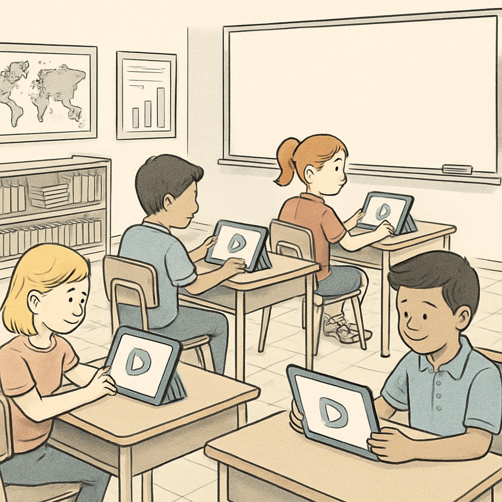 A classroom setting where students are using tablets to watch educational short videos. The image illustrates the integration of technology into K12 learning. Students watching educational short videos on tablets in a classroom