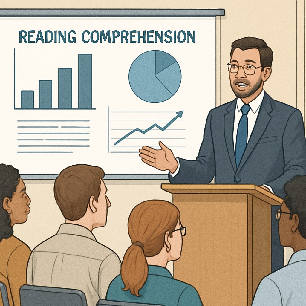 An educational researcher presenting findings on reading comprehension to a group of teachers during a seminar. Research presentation on reading comprehension to teachers, showcasing educational collaboration.