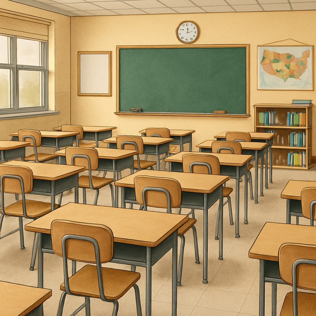 A classroom in a public school impacted by declining enrollment due to voucher programs. The image shows empty desks and chairs, illustrating the effects of student migration to alternative schools. Public school classroom facing enrollment challenges due to education voucher programs.