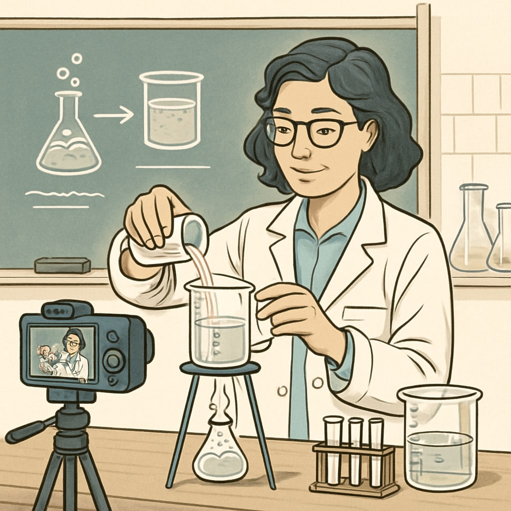 An educator recording an interactive science experiment video for students. The image highlights how teachers create engaging educational content using short videos. Educator creating a science experiment short video for students