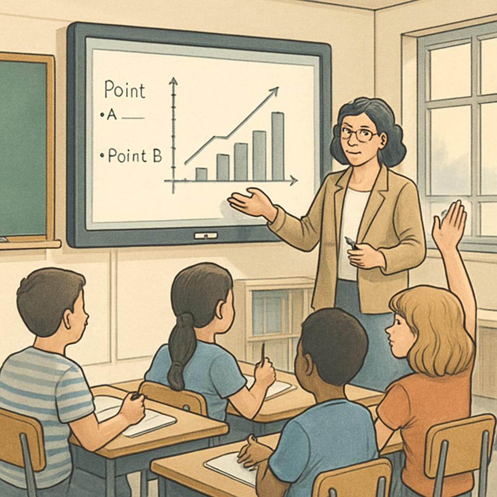 A public school teacher using interactive technology, such as a digital whiteboard, to engage students in a modern classroom setting. Public school teacher using innovative technology to improve student engagement.
