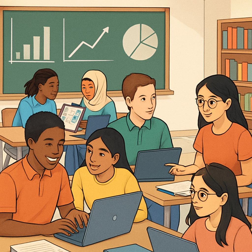 International students collaborating on data science projects in a classroom.