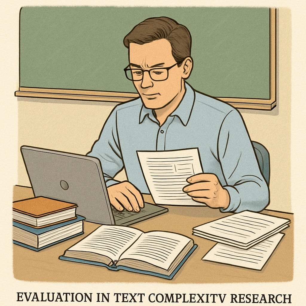 Teacher analyzing educational texts on a laptop, contributing to reading comprehension research.