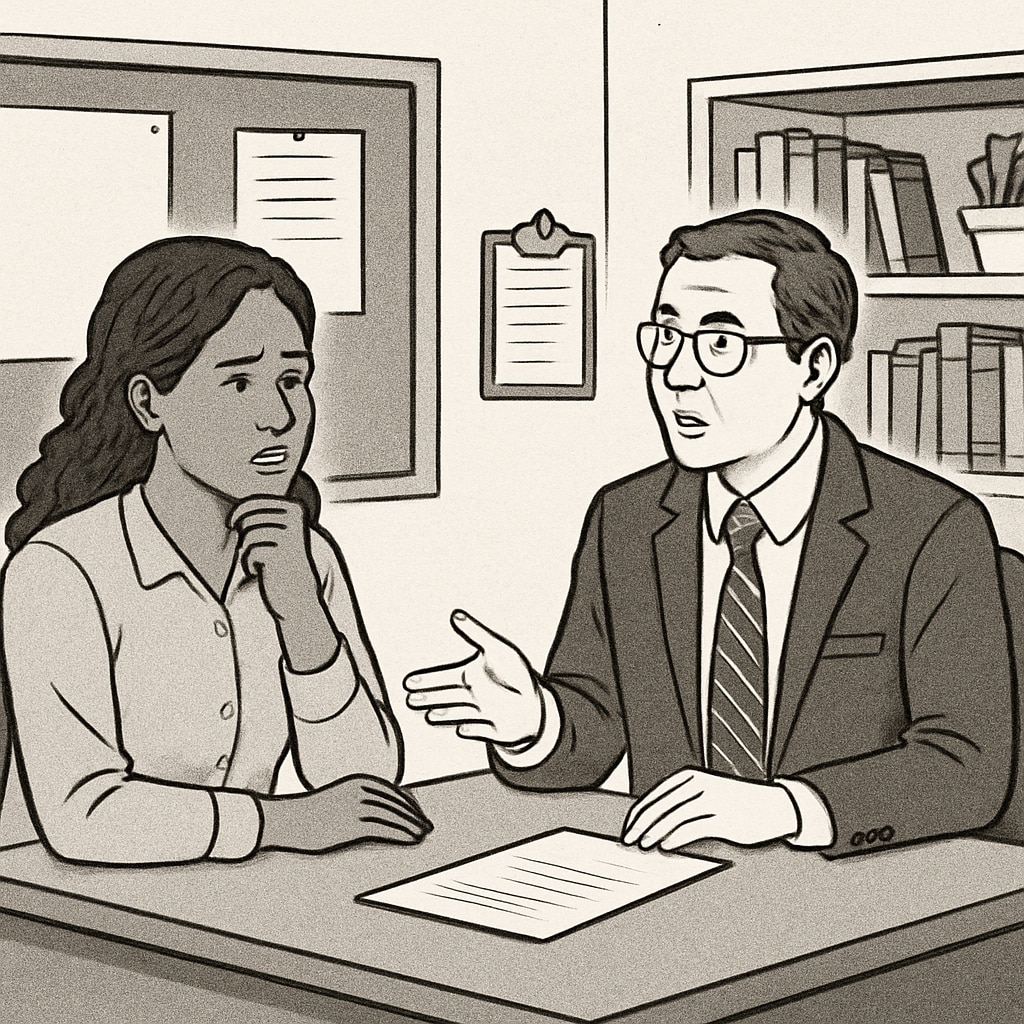 A concerned mother discussing her child’s education plan with a school administrator, symbolizing the challenges faced in the school transfer process. A mother and school administrator discussing a special needs education plan.