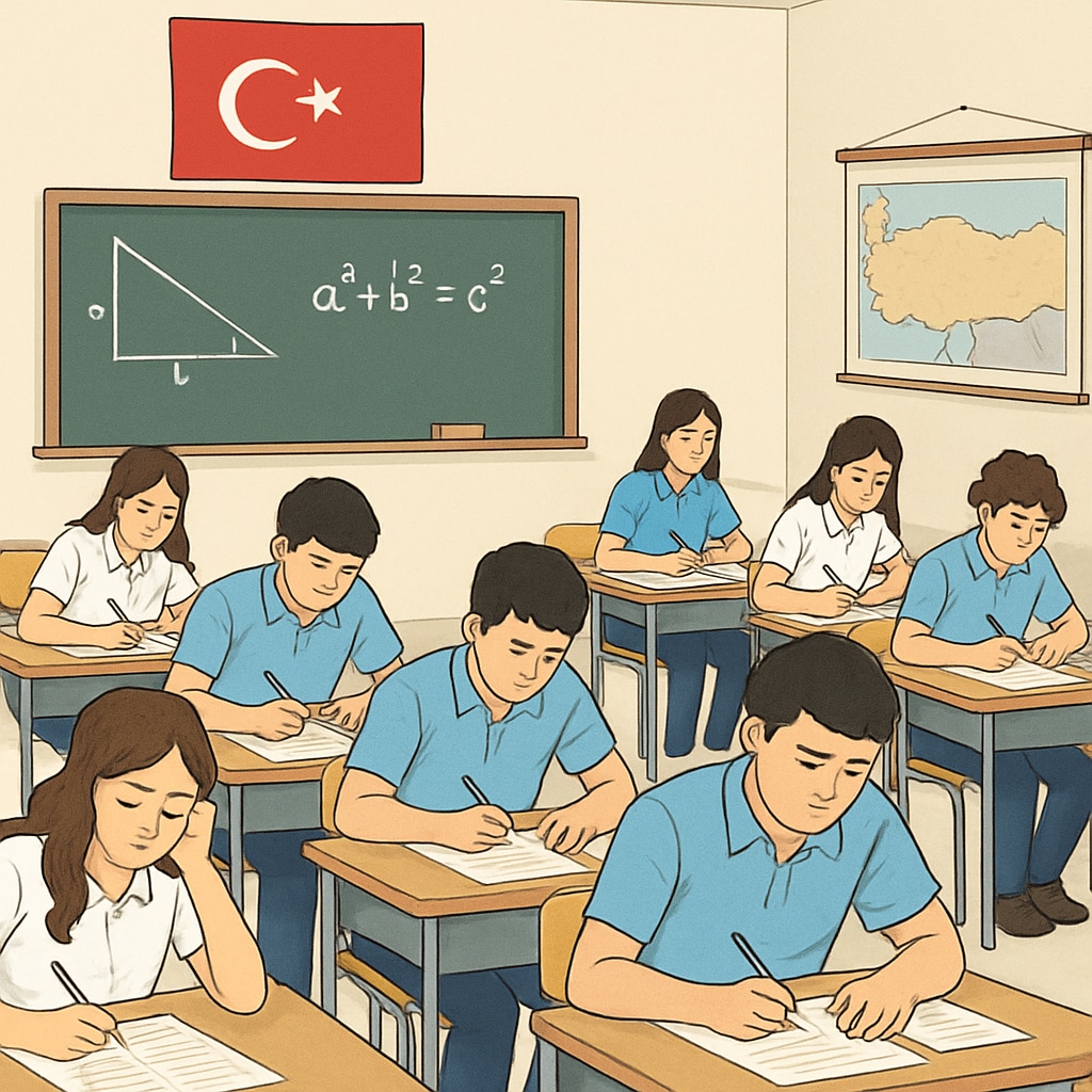 A classroom in Turkey with students taking a centralized exam, demonstrating the intensity and uniformity of the system. Students in a Turkish classroom taking a centralized exam, illustrating exam pressure and a rigid education system.