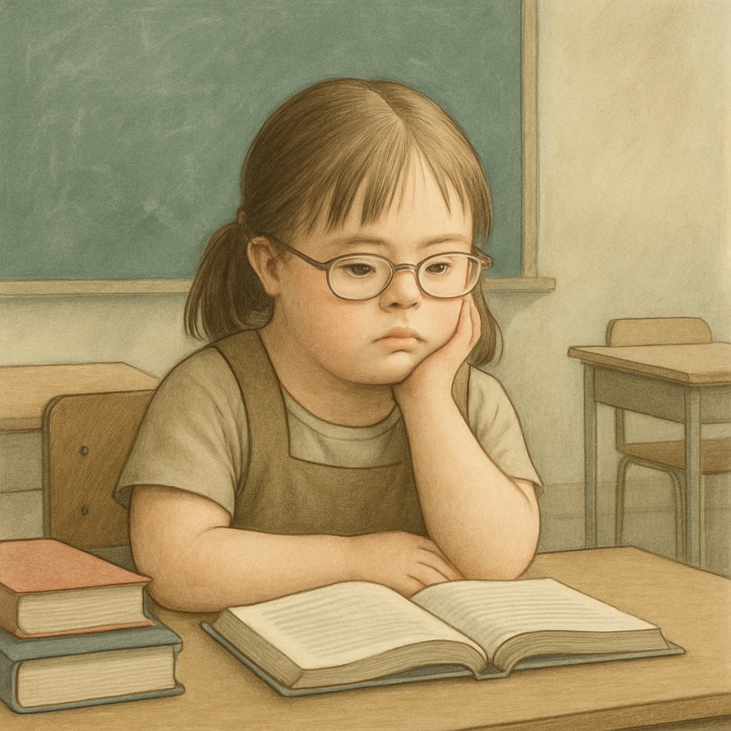 A young girl with special needs sitting alone in a classroom, representing the emotional impact of systemic neglect in education. A young girl with special needs sitting alone in a classroom.