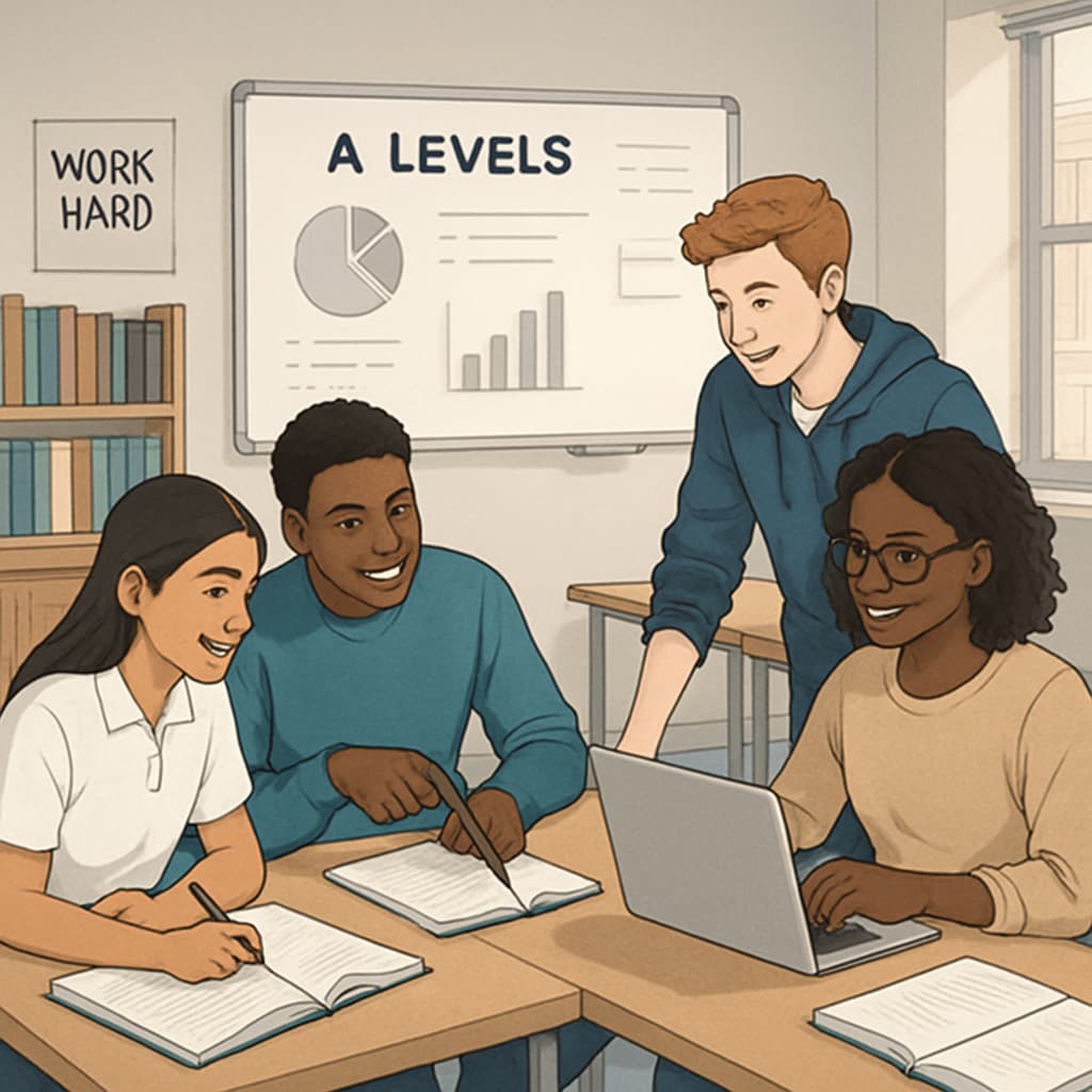 A group of UK students discussing their A Levels coursework in a collaborative classroom setting, showcasing a flexible and student-centered approach. UK students collaborating on A Levels coursework, highlighting the benefits of specialization and flexibility.
