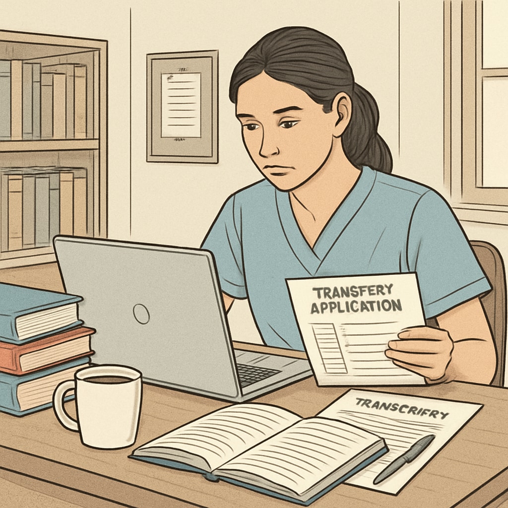 A nursing student reviewing application documents and transcripts on her laptop, symbolizing the preparation required for transfer applications. Nursing student reviewing application documents and transcripts.