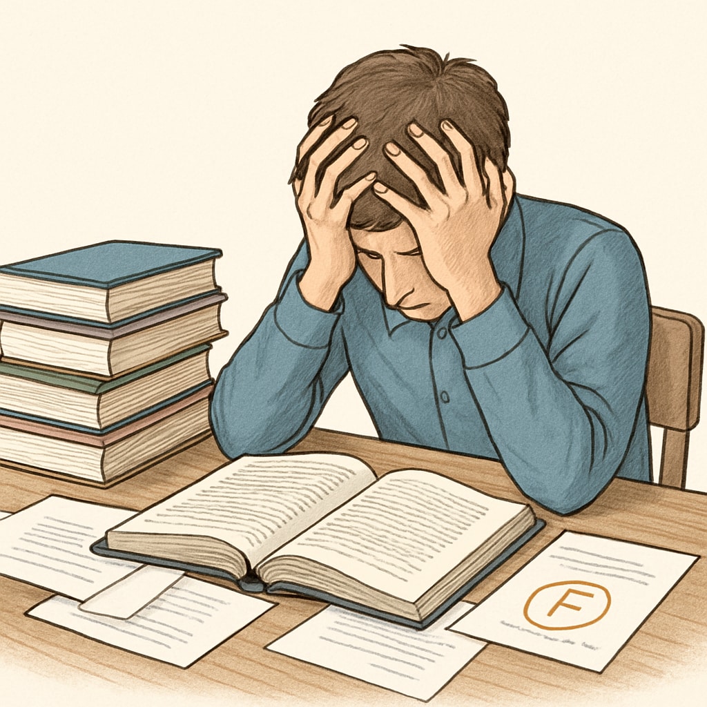 A student sitting at a desk with their head in their hands, symbolizing academic anxiety after receiving exam results. A student experiencing academic anxiety after receiving GCSE results.