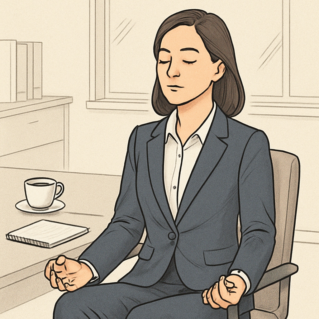 A businesswoman meditating or practicing breath awareness before a meeting, representing mindfulness. Woman meditating before a business meeting to enhance communication.