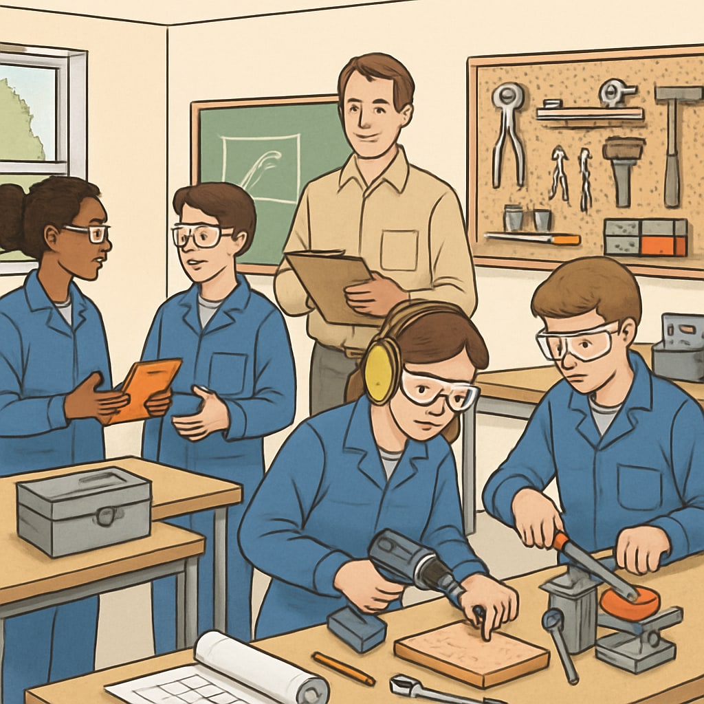 A group of students engaging in a hands-on workshop as part of a vocational training program. Students participating in a vocational training program to explore alternative career paths.