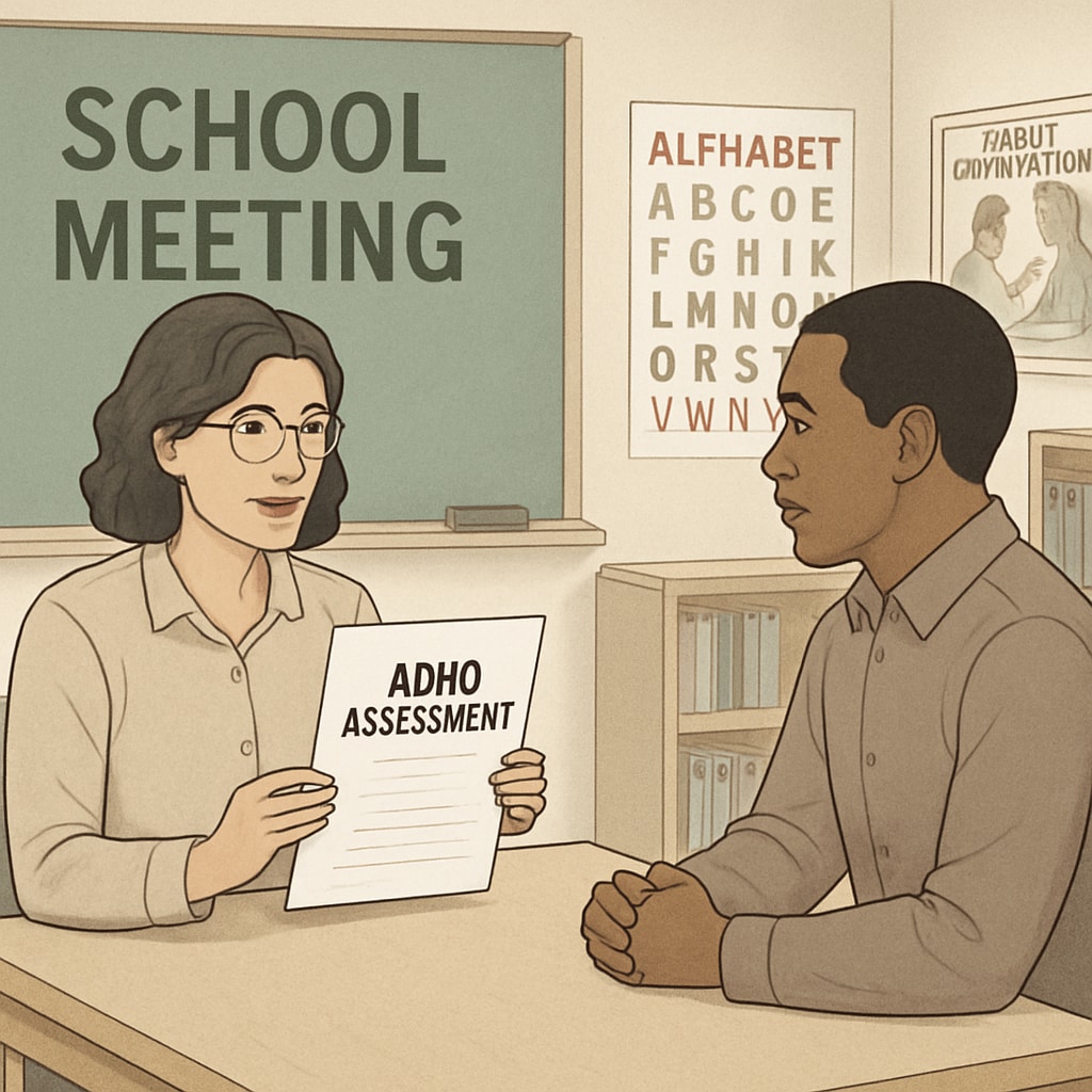 Discussion between teacher and parent about ADHD assessments and school transfer challenges.