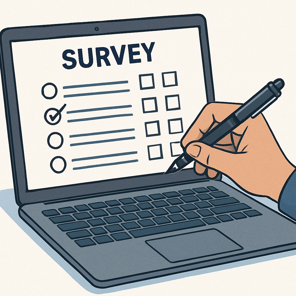 A laptop screen showing a survey form, representing participation in a master's thesis survey on short videos and tourism.