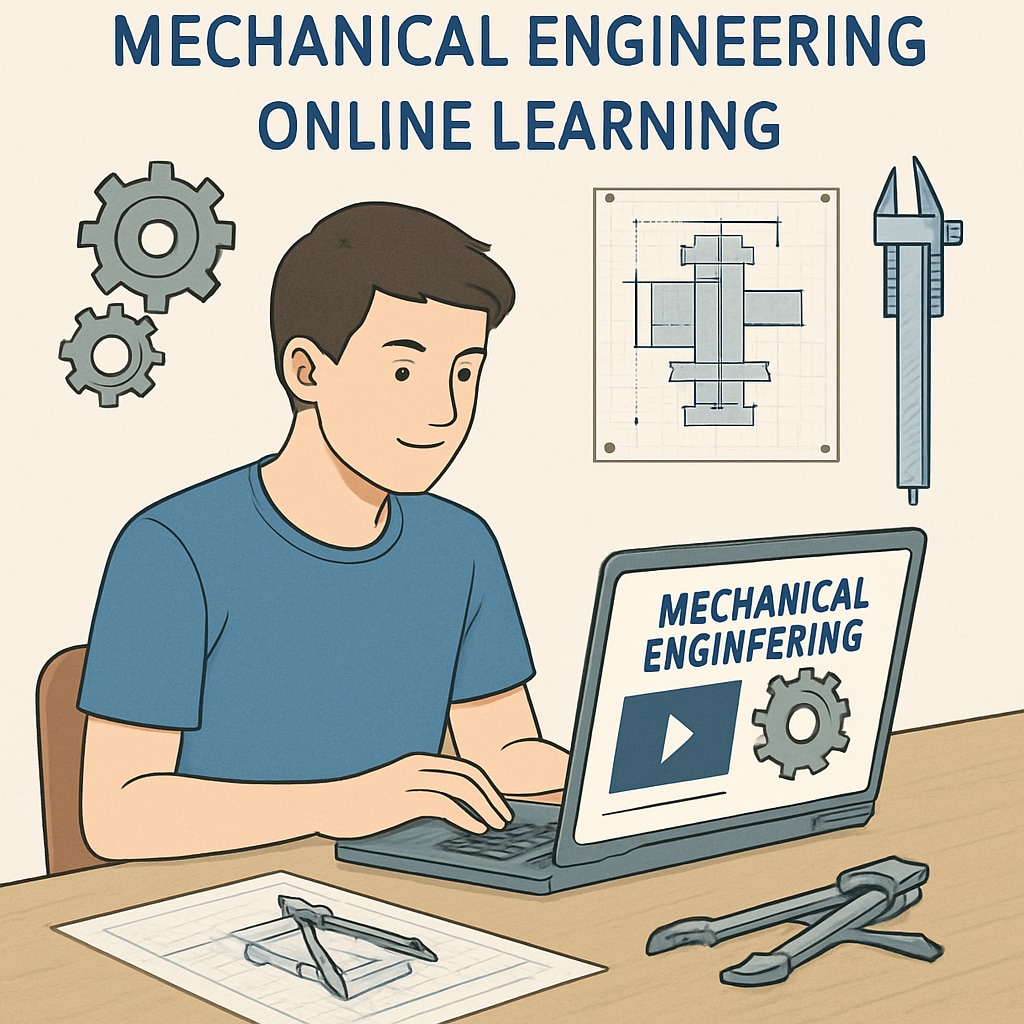 A conceptual image showing the intersection of mechanical engineering and online learning, such as a student working on a laptop with engineering tools nearby. Conceptual image representing online learning paired with mechanical engineering.