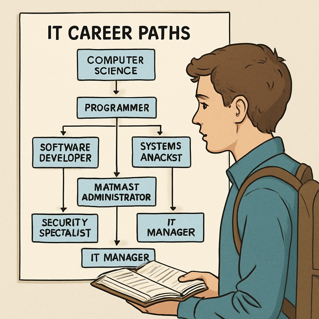 A young college student reviewing a flowchart of IT career paths, symbolizing the decision-making process. College student reviewing IT career options.