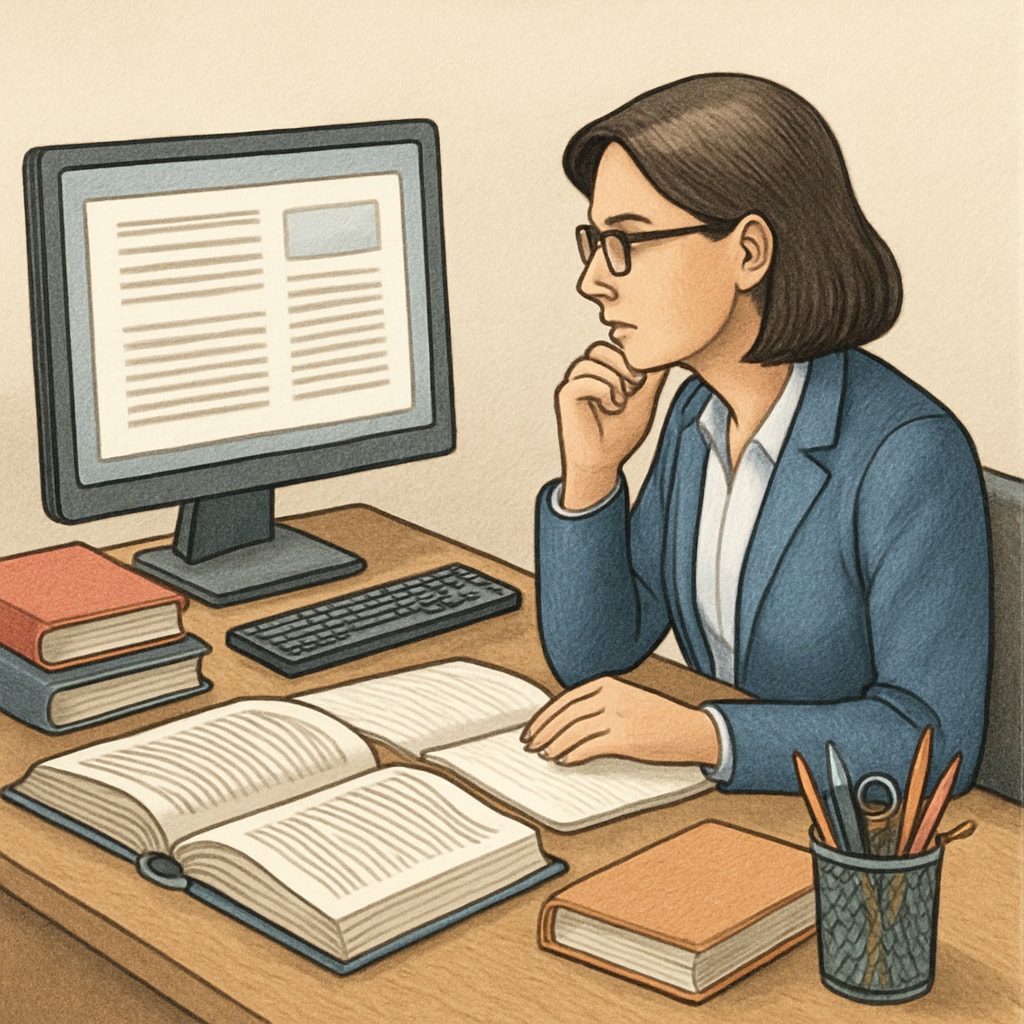 A teacher analyzing reading materials on a computer as part of a research study. Educator assessing reading text complexity for a literacy research project.