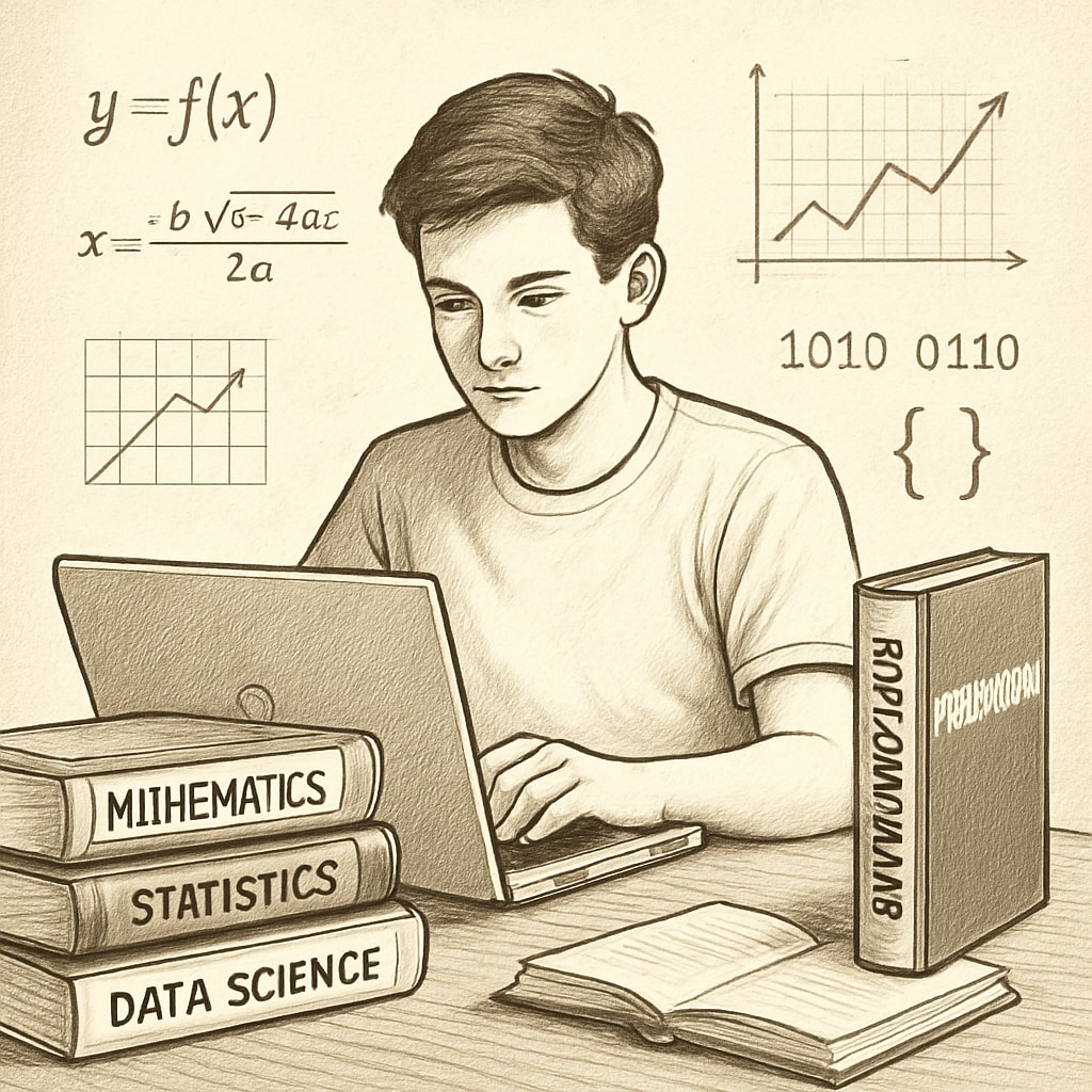 A high school student working on a laptop surrounded by math and programming books, symbolizing preparation for data science. High school student preparing for data science with STEM materials.