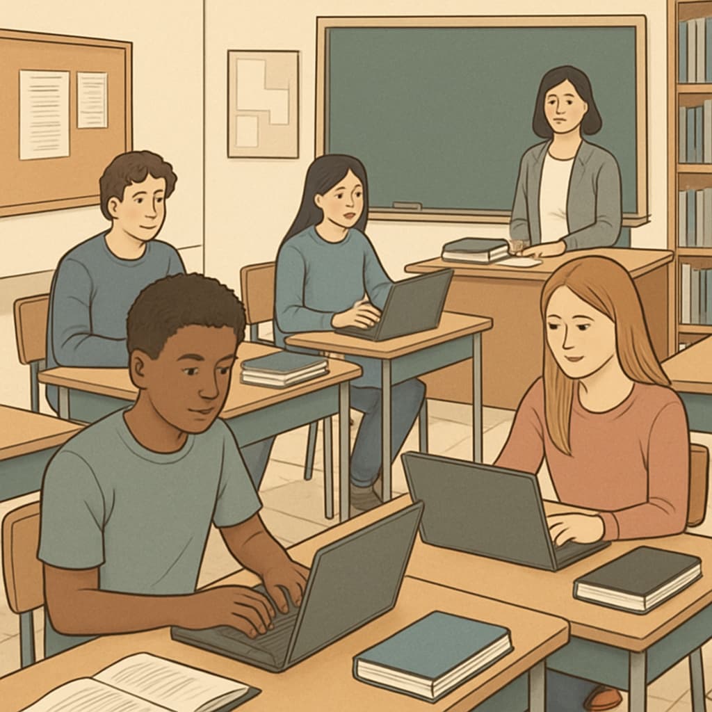 A classroom setting where high school students are working on laptops, symbolizing preparation for online degrees in the future. High school students preparing for dual degrees through online learning.
