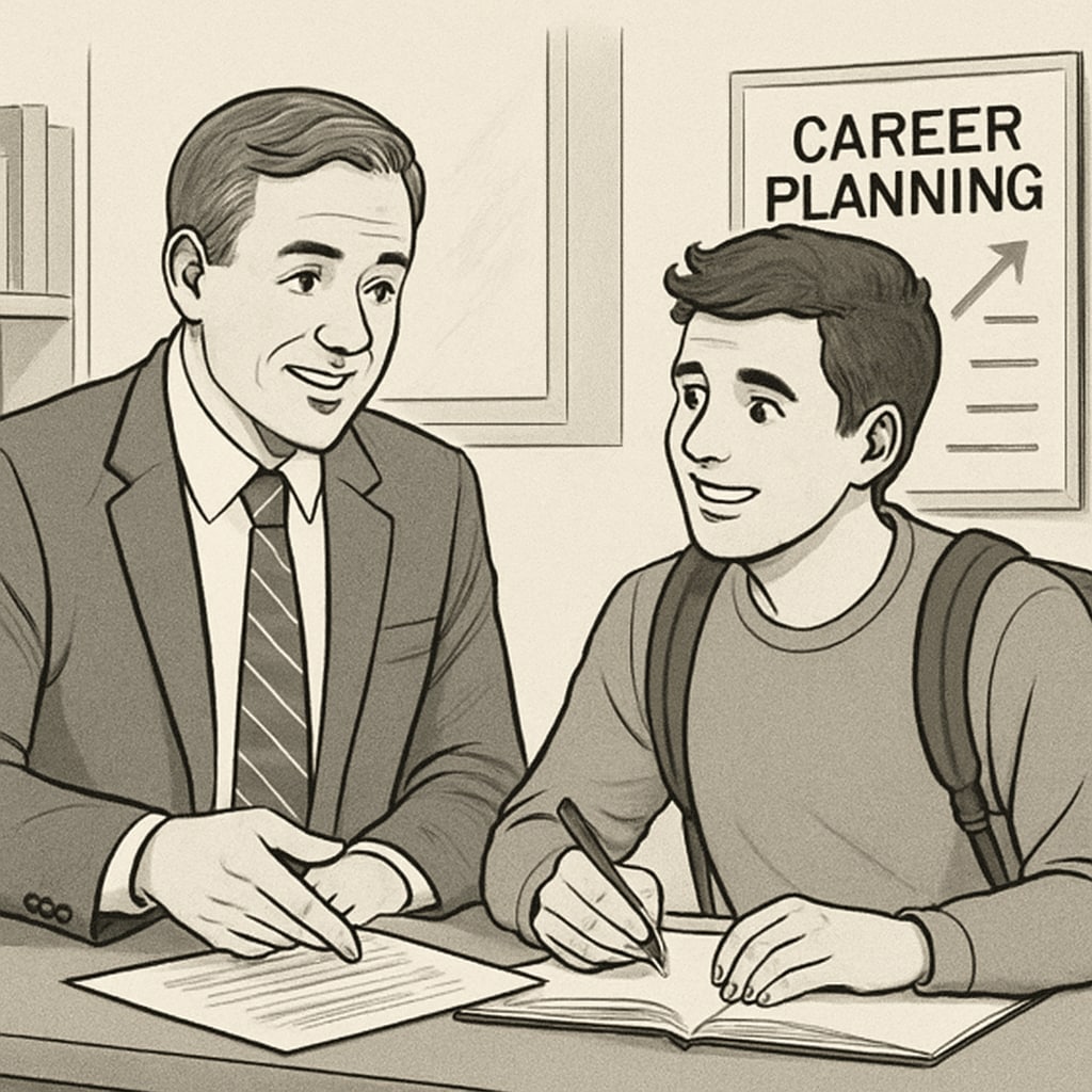 An industry professional mentoring a college student, symbolizing the importance of guidance in career planning. Professional mentoring a student in career planning.