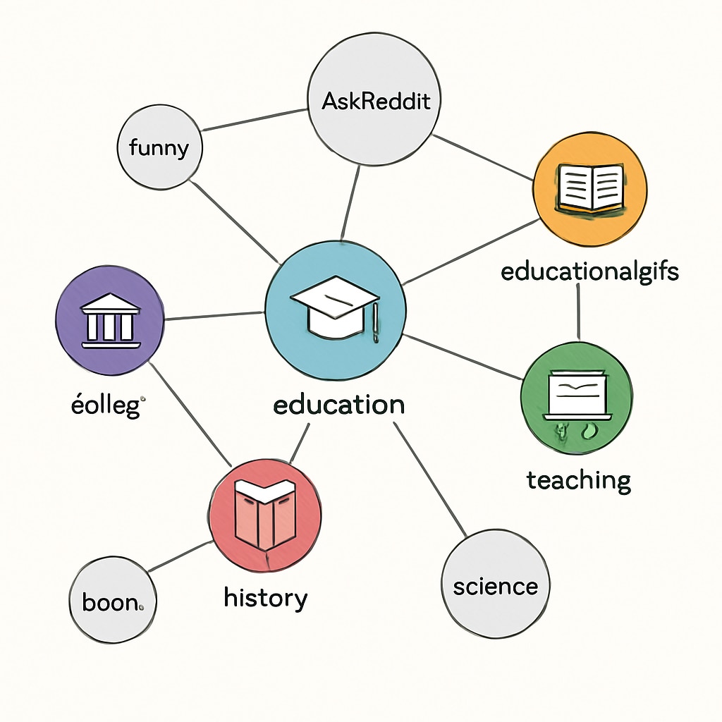 A visual representation of Reddit’s subreddit network with highlighted education-focused communities. Visual representation of Reddit’s education subreddits network.