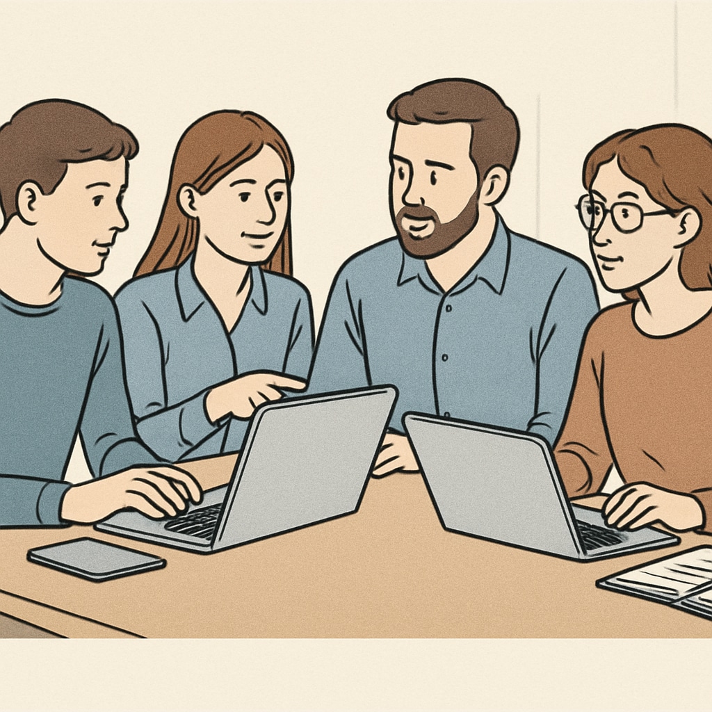 A group of university students working collaboratively on laptops, symbolizing teamwork and IT project discussions. University students discussing IT projects and career opportunities.