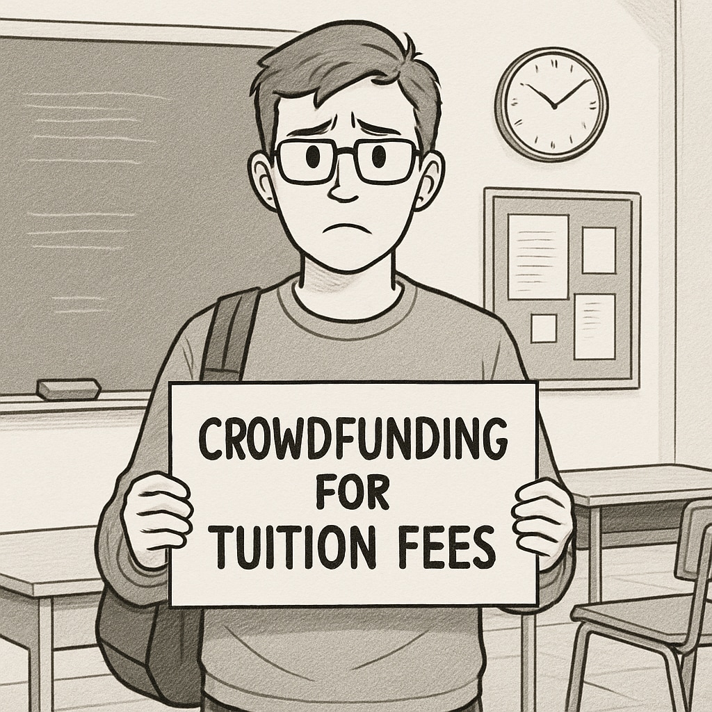 A student holding a crowdfunding sign for tuition fees, symbolizing financial struggles. UK immigrant student fundraising for higher education.