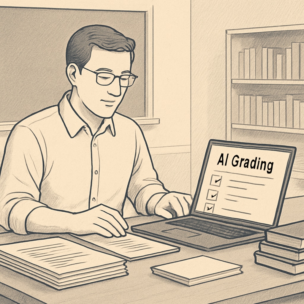 A teacher using an AI-powered grading tool on their laptop, illustrating how technology assists in reducing administrative tasks. Teacher using AI grading tool to reduce administrative tasks.