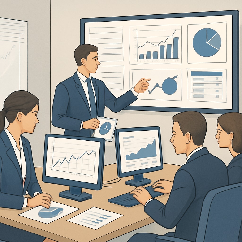 A sleek office environment with professionals analyzing financial data on advanced software, showcasing the relevance of business analytics and finance expertise in decision-making. Professionals analyzing financial data on advanced software in an office setting