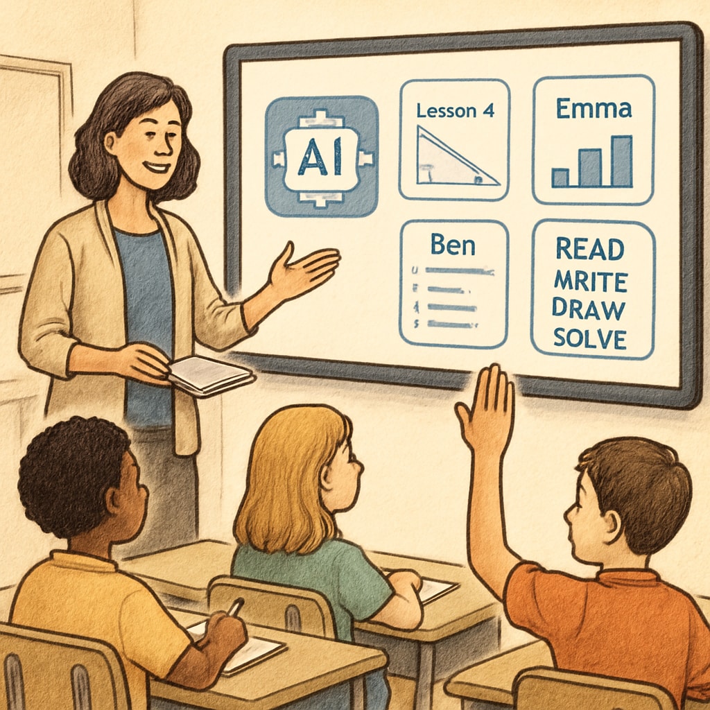A classroom with a teacher interacting with students while an AI-driven interactive whiteboard displays personalized content, symbolizing the balance between technology and human connection. Teacher in an AI-integrated classroom maintaining human connection.