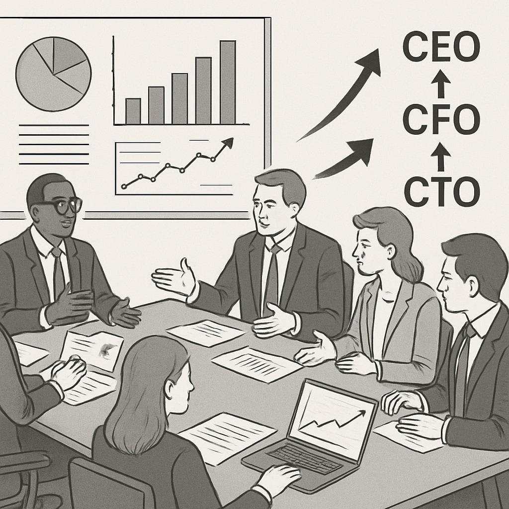 A boardroom meeting with executives discussing data-driven strategies, illustrating the pathway to C-level roles and strategic leadership. Executives discussing data-driven strategies in a boardroom meeting