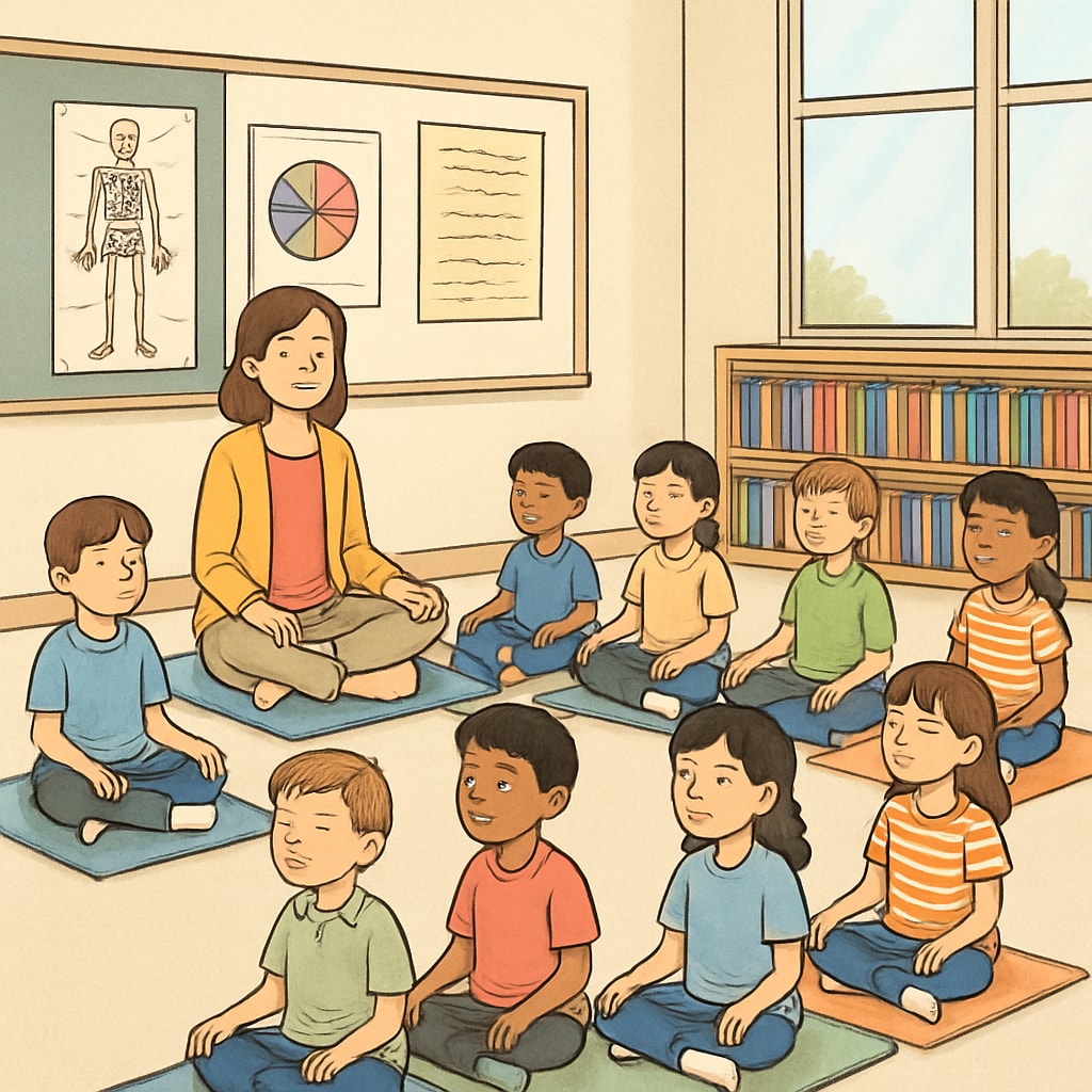A classroom setting where students practice mindfulness meditation, reflecting Sadhguru's holistic approach to education. Students meditating in a classroom inspired by Sadhguru's educational philosophy.
