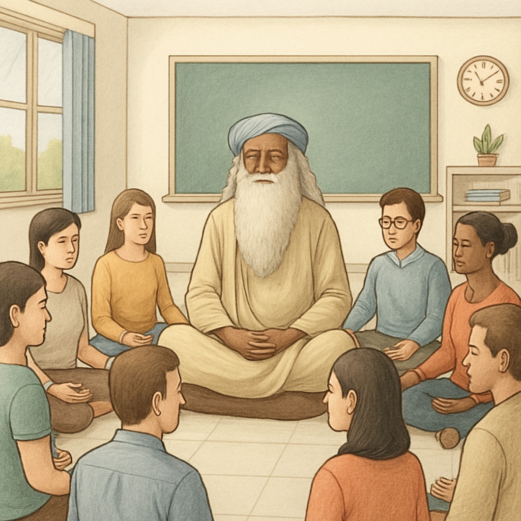 A serene meditation session led by Sadhguru, with participants including educators and parents. Educators and parents meditating together in a session guided by Sadhguru.