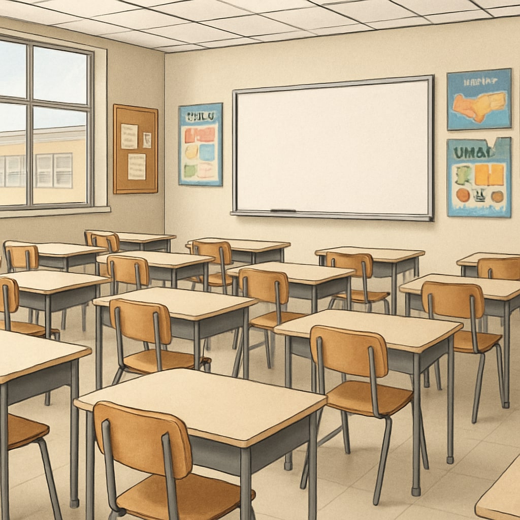 Empty classrooms symbolizing Teacherless Tuesday and collective teacher protests.