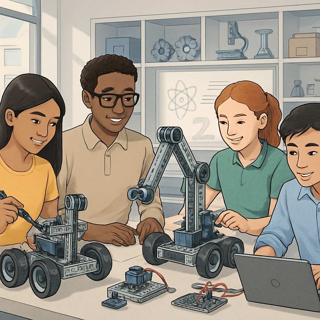 A diverse group of high school students in a modern STEM lab, working on robotics projects. High school students engaged in STEM education and robotics projects.
