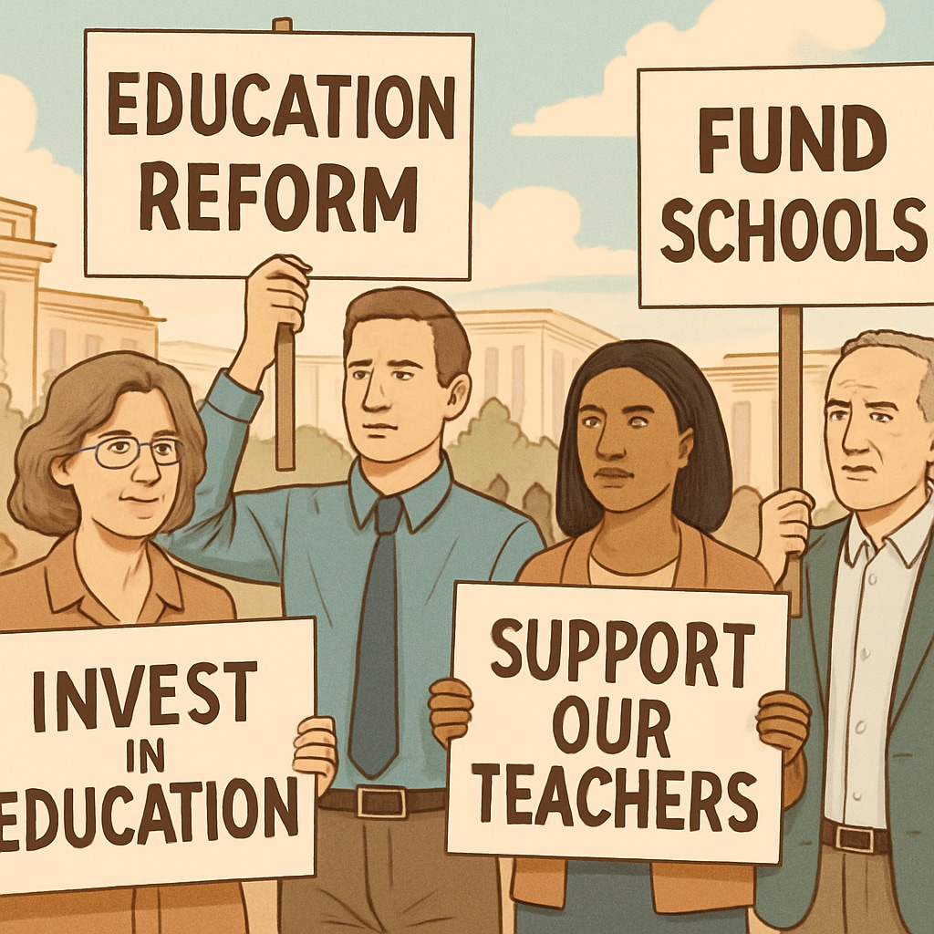 Teachers gathered in a public square, holding signs advocating for education reform. Teachers protesting for education reform during