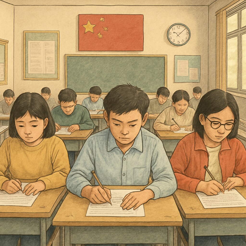 A classroom in China during a standardized test, with students focused on their work. Students in a Chinese classroom taking a standardized exam, highlighting exam-focused education.