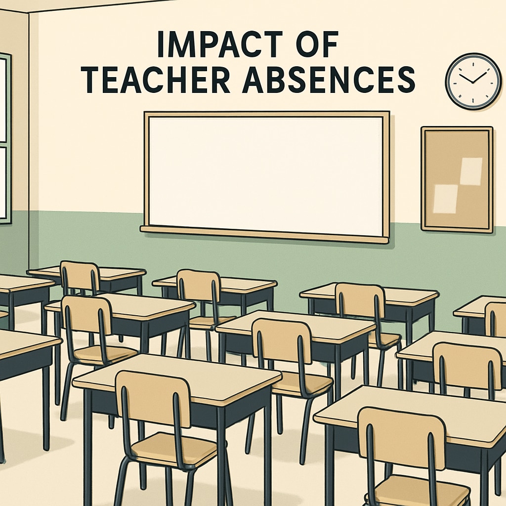 A classroom with empty desks, symbolizing the impact of teacher absences. Empty classroom representing the effects of coordinated teacher absences.