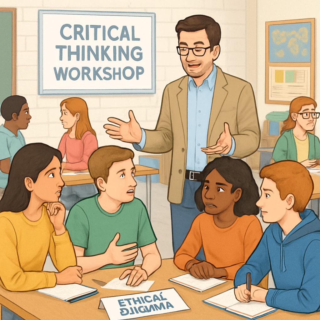 A high school teacher facilitating a critical thinking workshop with students in small groups, discussing ethical dilemmas. High school students participating in a critical thinking workshop led by a teacher.