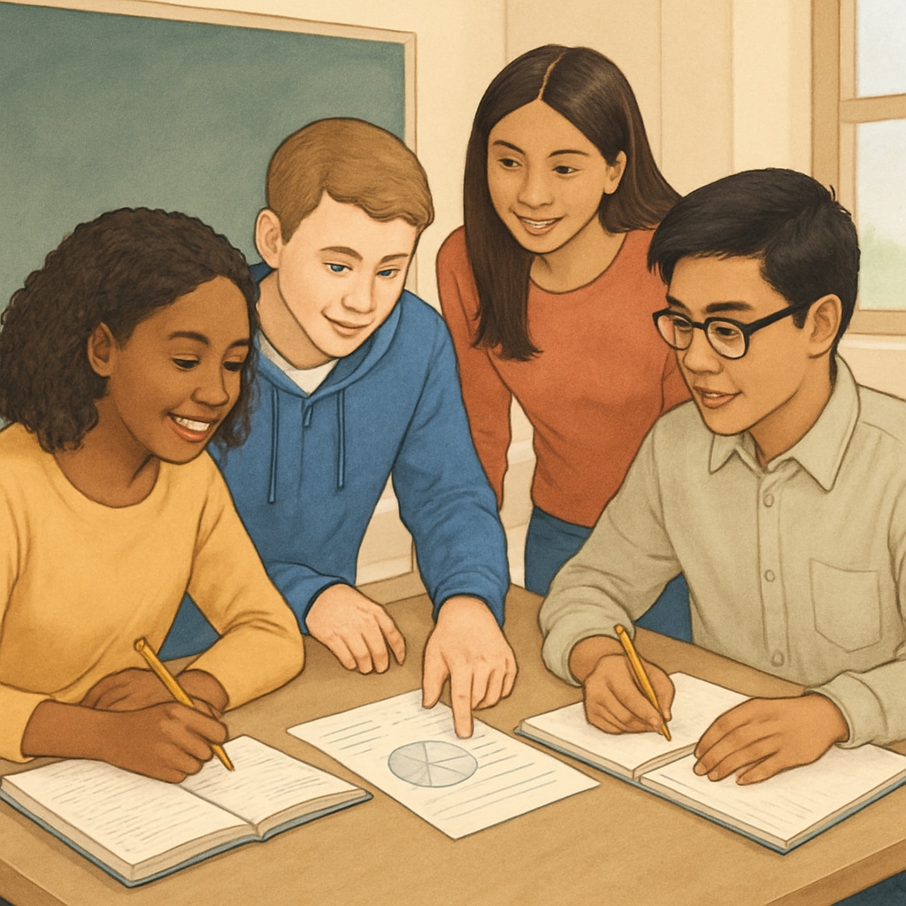 A diverse group of American students working together on a project, showcasing collaborative learning. American students collaborating on a project, reflecting a focus on creativity and teamwork.